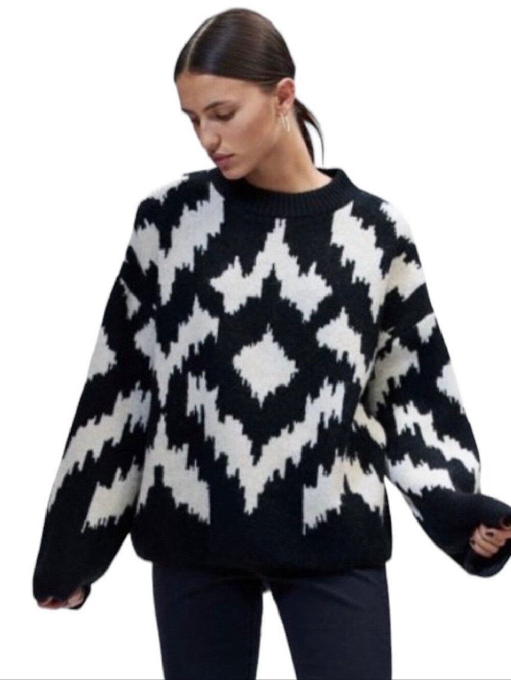 H&M Wool Blend Chunky Black and White Geometric Crewneck Sweater